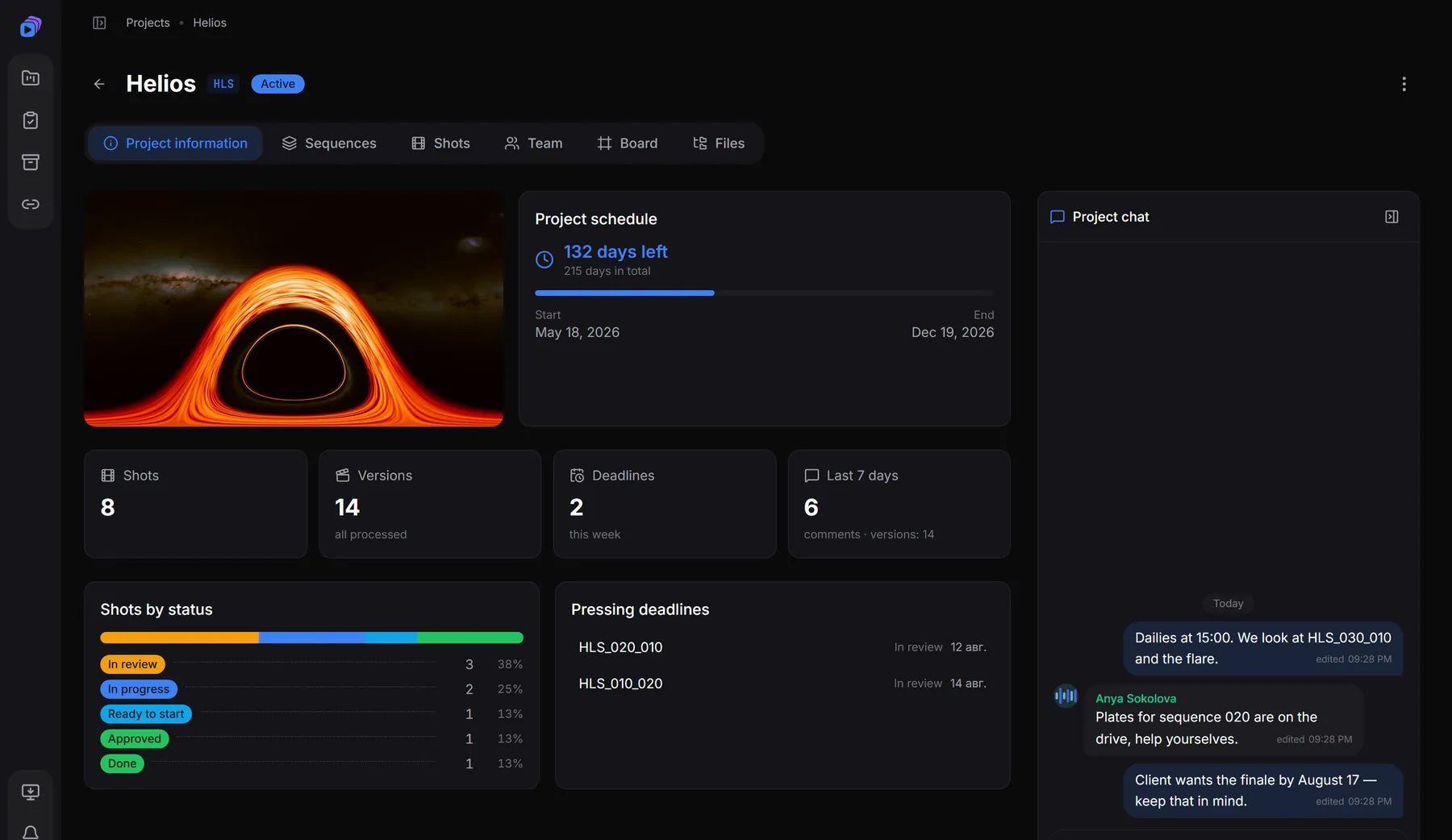 Project information tab: schedule, shot and version counters, status breakdown, urgent deadlines and the team chat