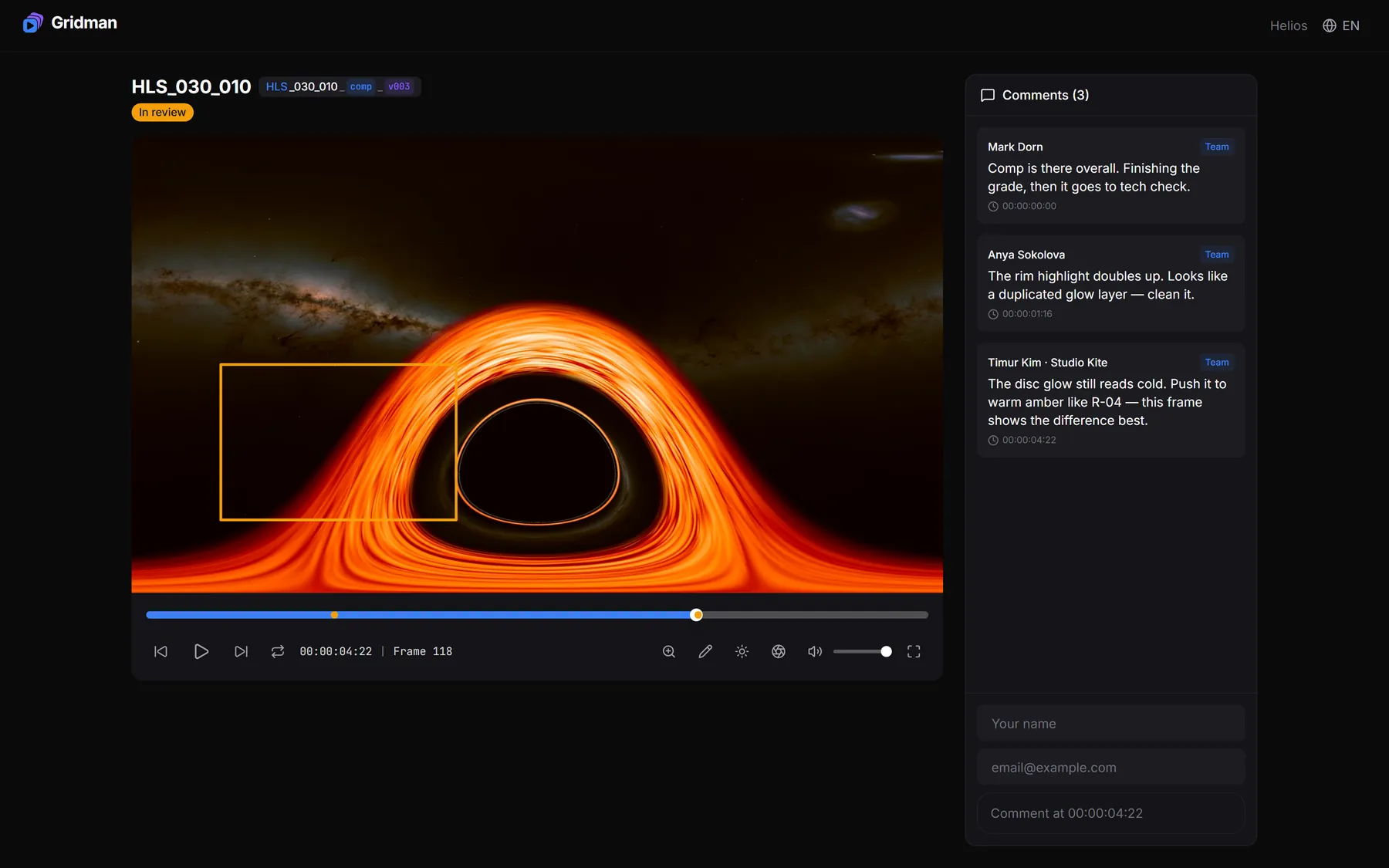 Guest page of a shot opened by link: player with a note on the frame, comments and a reply form without signing in