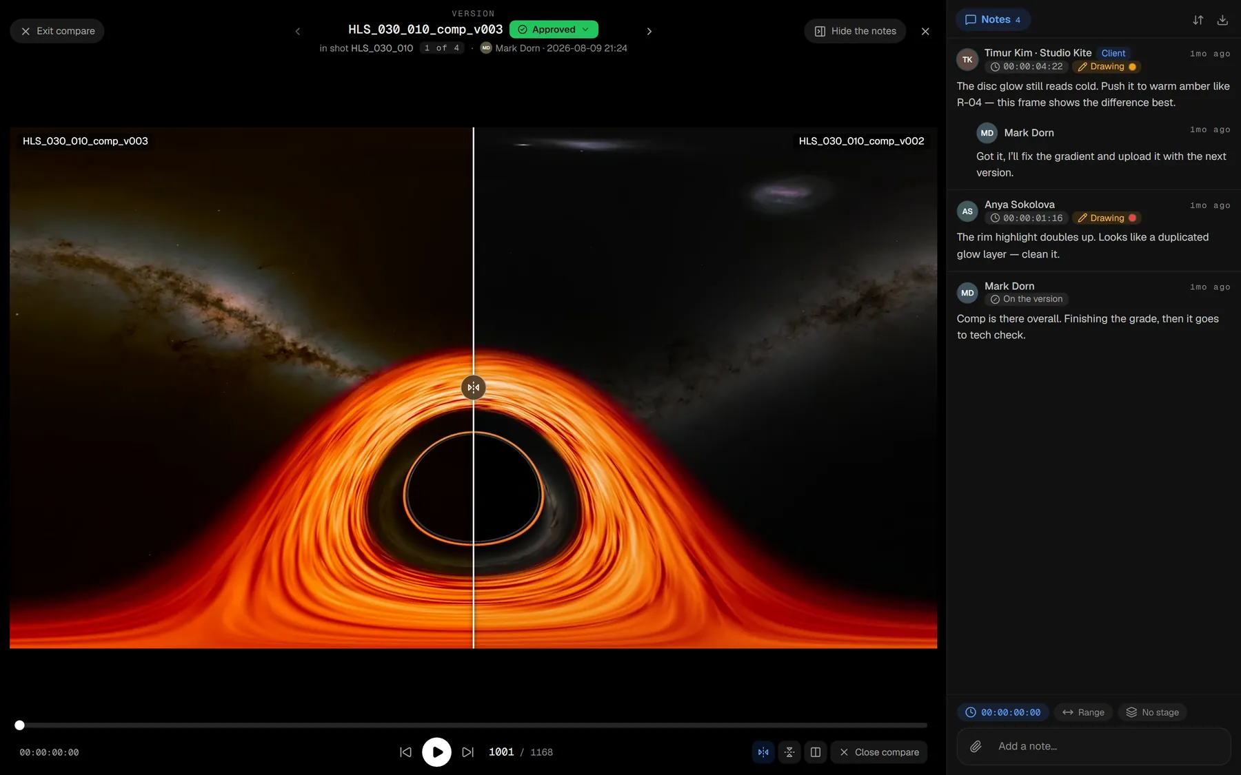 Two versions compared with a wipe: the new version on the left, the previous one on the right, the boundary dragged with the mouse
