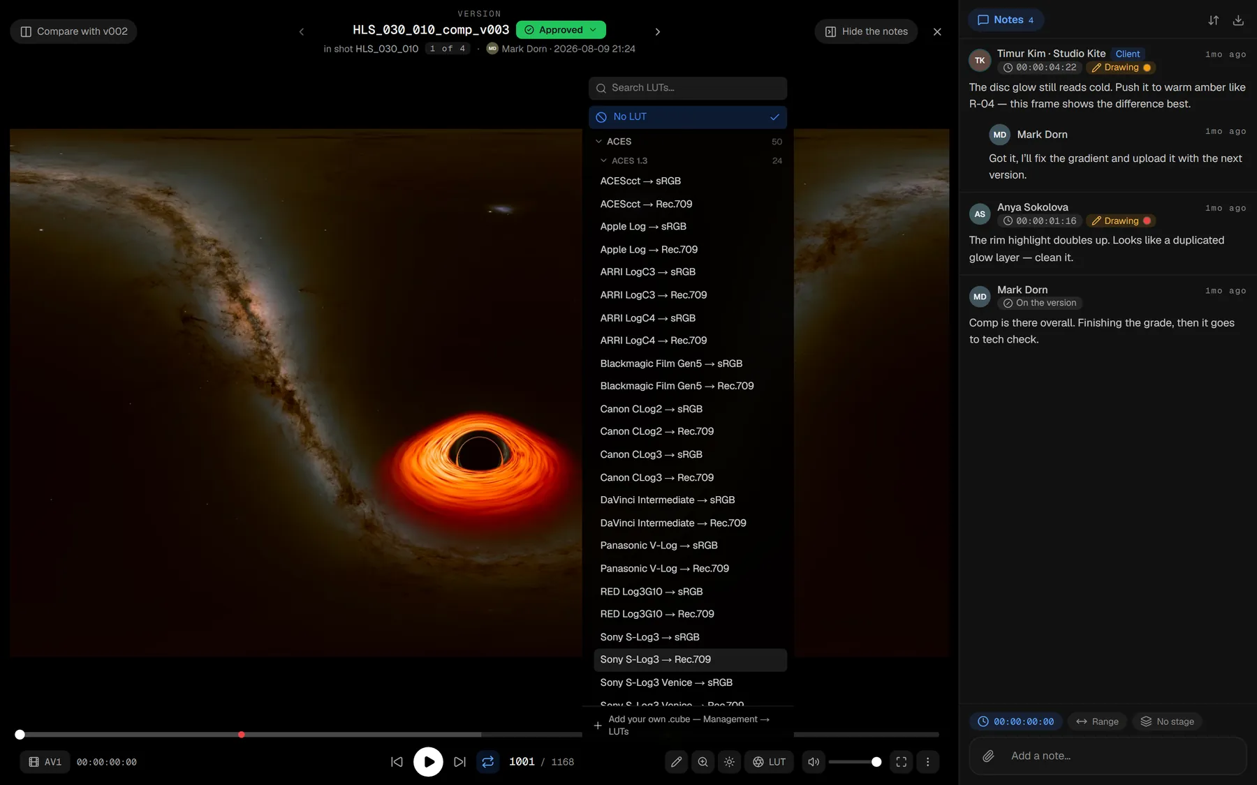 The colour panel in the player: LUT search, the “No LUT” entry and an expanded group of ACES presets