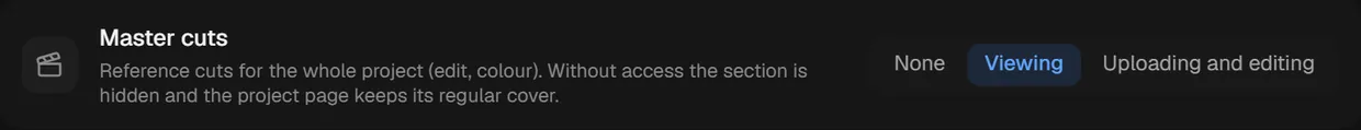 The “Master versions” permission scale on a client account: None, View, Upload and edit