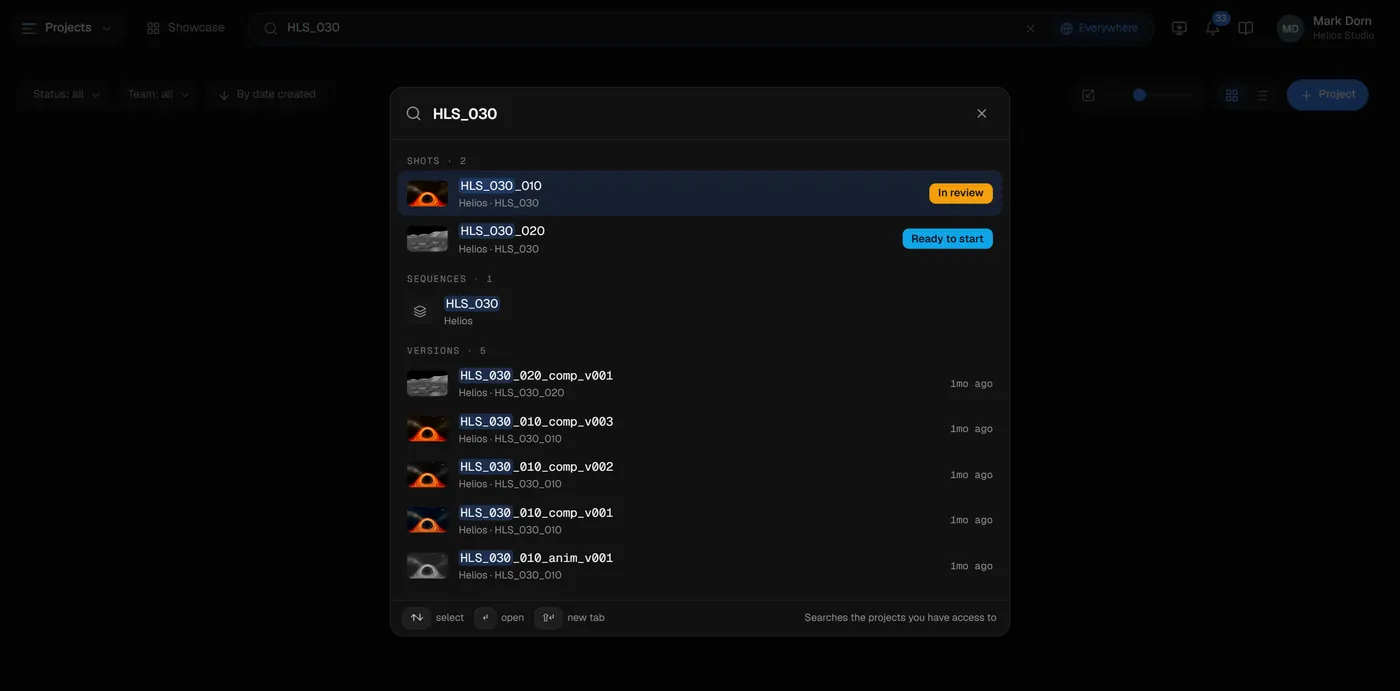 The account-wide search window: the query and the results in groups — shots, versions, comments