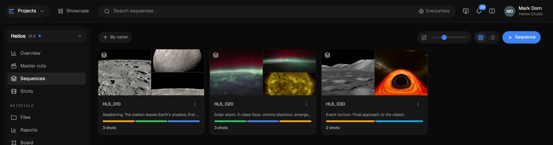 The project’s sequence list: a mosaic of frames, the scene description, a status bar and the shot count
