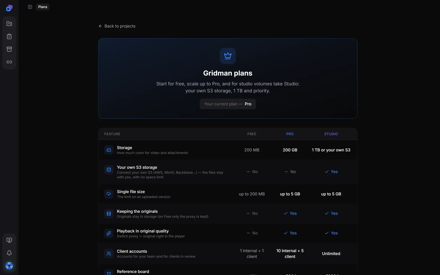 Plans page: Free, Pro and Studio compared feature by feature
