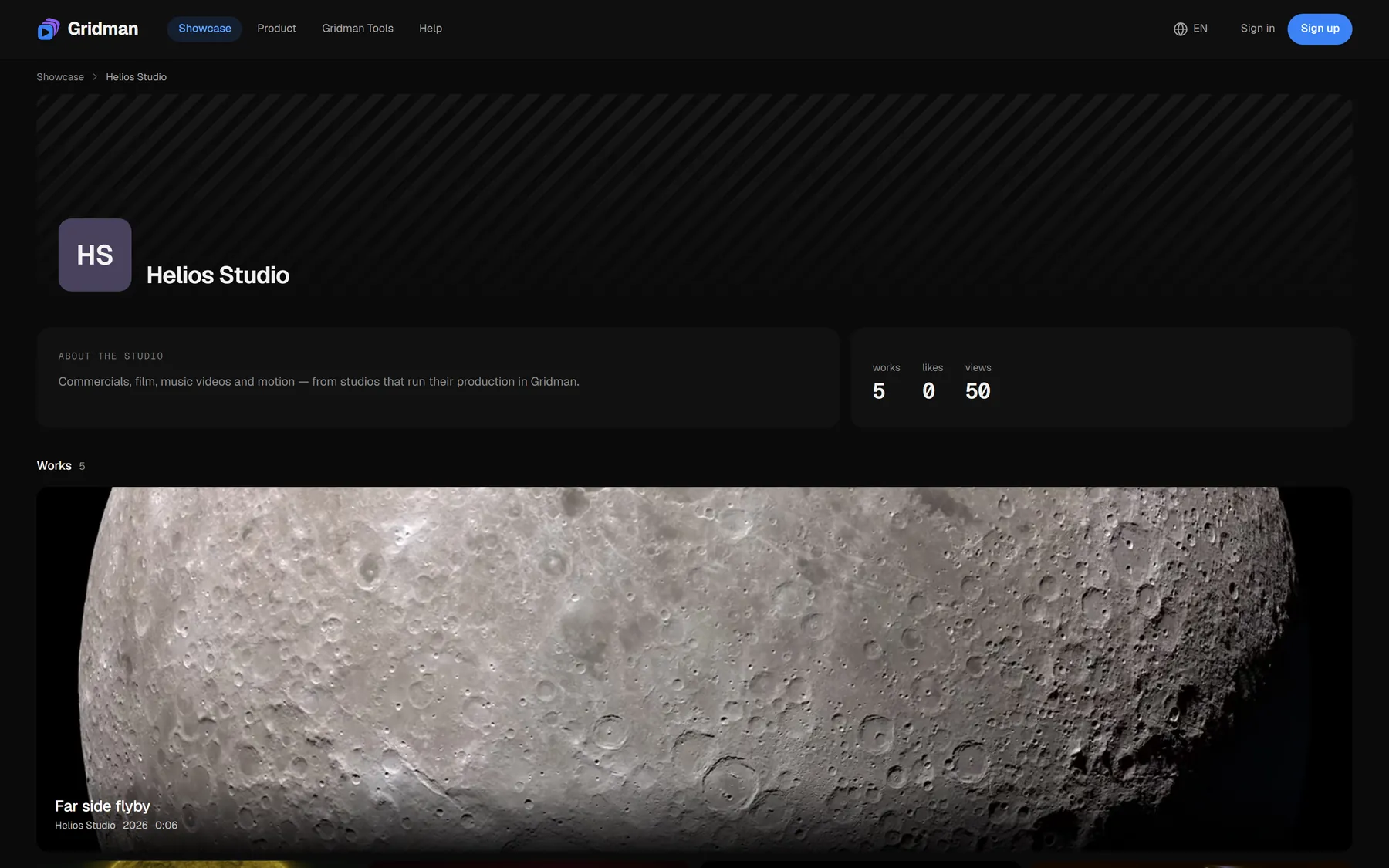 A public studio page: the cover with the mark, the description, work and view counters and the feed of works