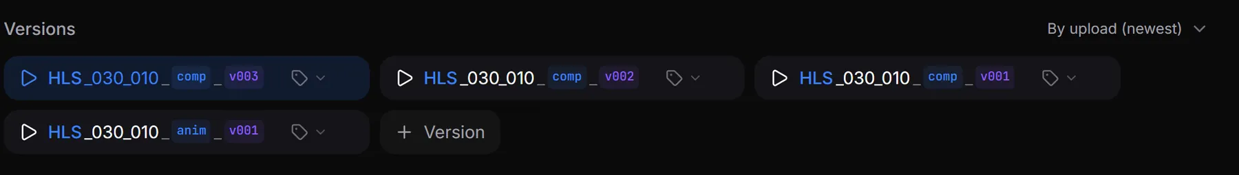 Version strip under the player: comp_v003, comp_v002, comp_v001 and anim_v001