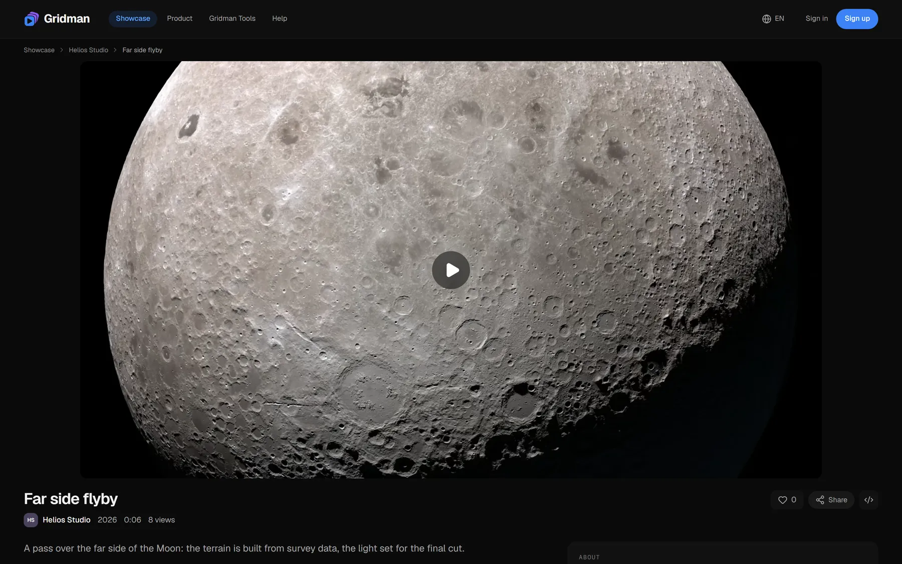 A public work page: the reel across the full width, the title, the studio name and the description